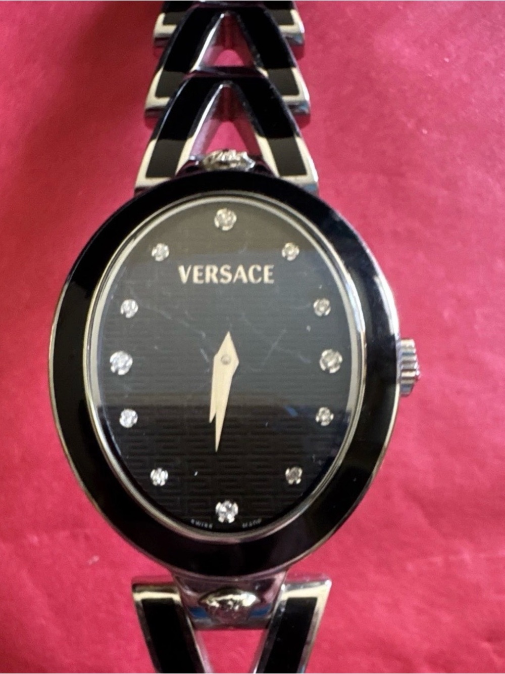 Versace Black and Silver Oval Crystal Dial Bracelet Watch